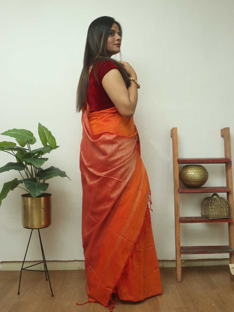 Vibrant Orange Bengal Cotton Saree - Luxurion World