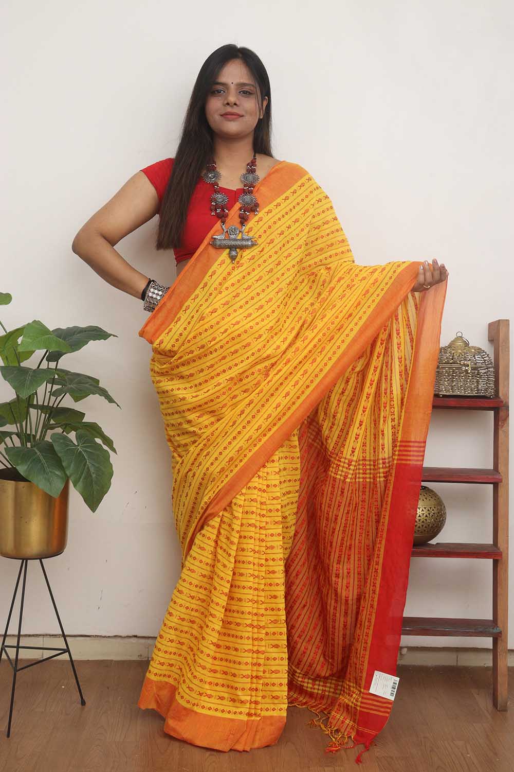 Yellow Handloom Bengal Cotton Saree - Luxurion World