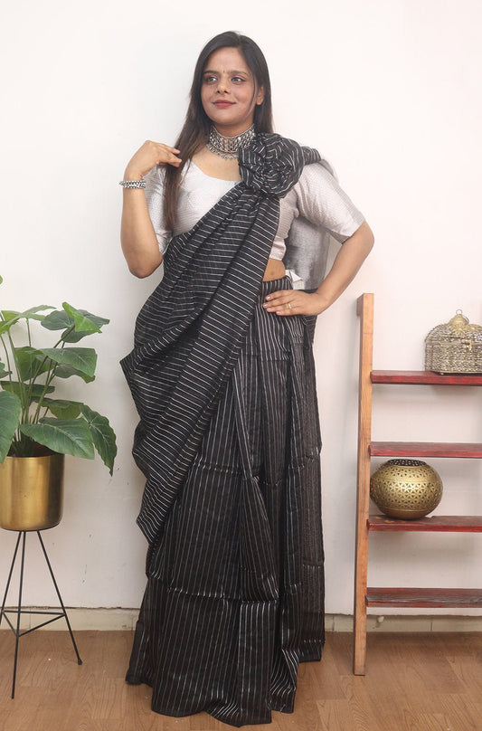 Elegant Black Handloom Bengal Tussar Cotton Silver Zari Stripe Design Saree - Luxurion World