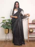 Elegant Black Handloom Bengal Tussar Cotton Silver Zari Stripe Design Saree - Luxurion World