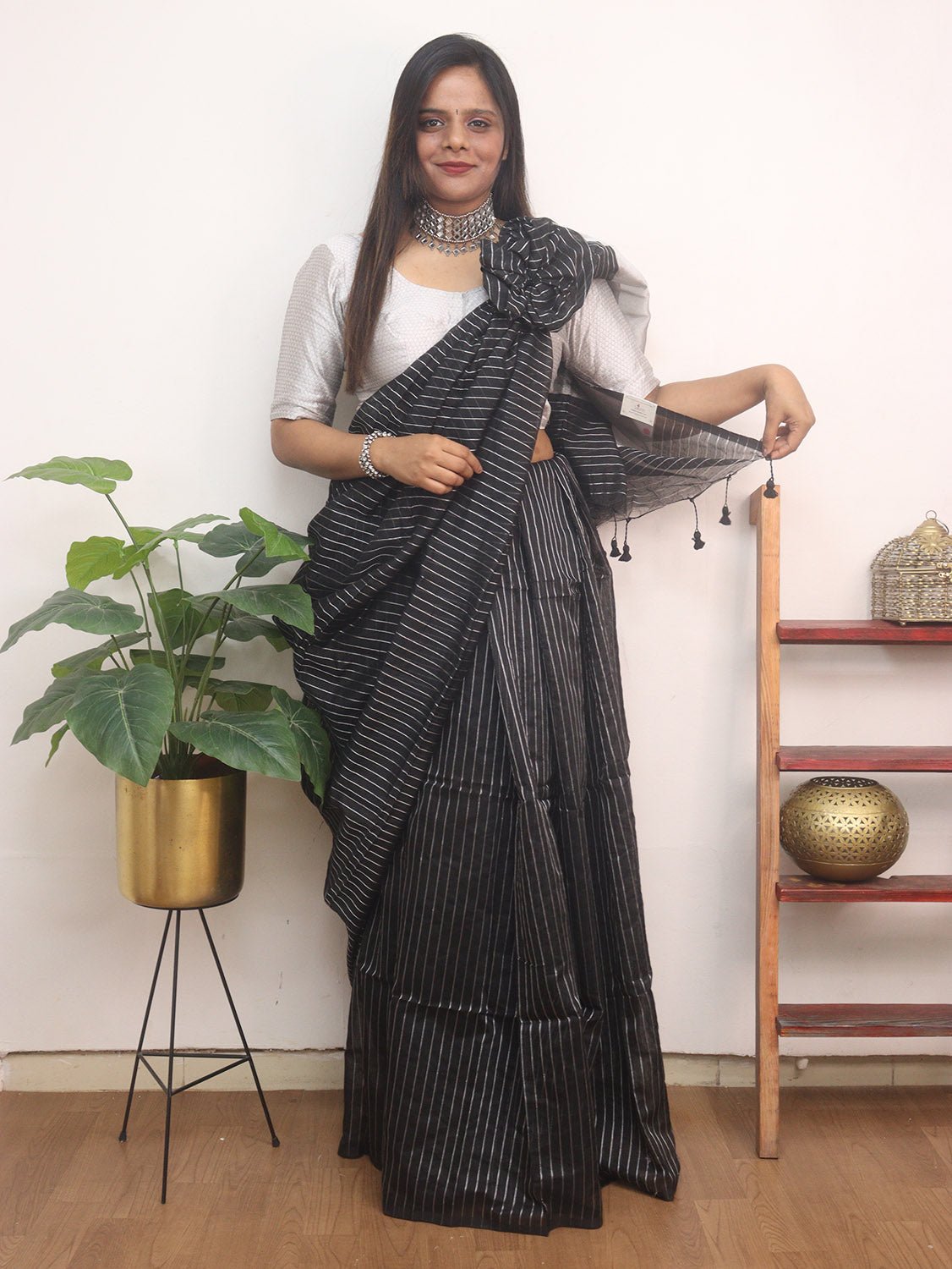 Elegant Black Handloom Bengal Tussar Cotton Silver Zari Stripe Design Saree - Luxurion World