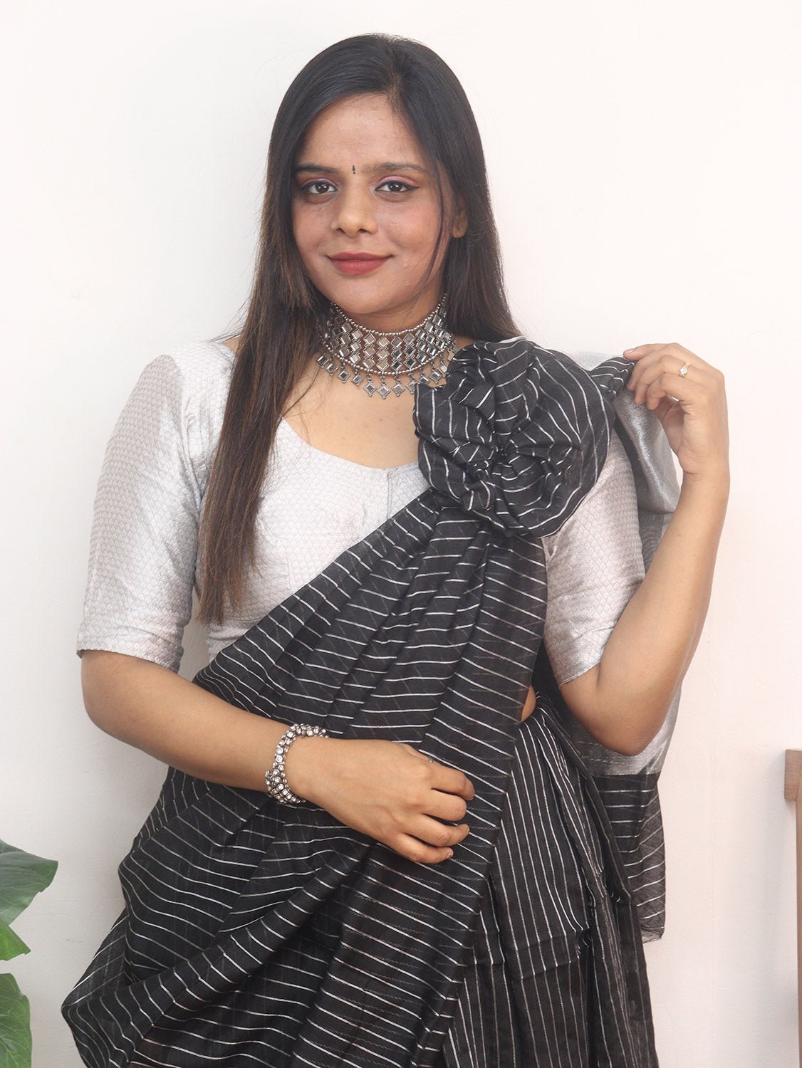 Elegant Black Handloom Bengal Tussar Cotton Silver Zari Stripe Design Saree - Luxurion World