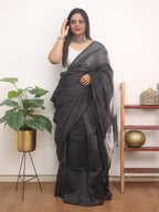 Elegant Black Handloom Bengal Tussar Cotton Silver Zari Stripe Design Saree - Luxurion World