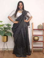 Elegant Black Handloom Bengal Tussar Cotton Silver Zari Stripe Design Saree - Luxurion World