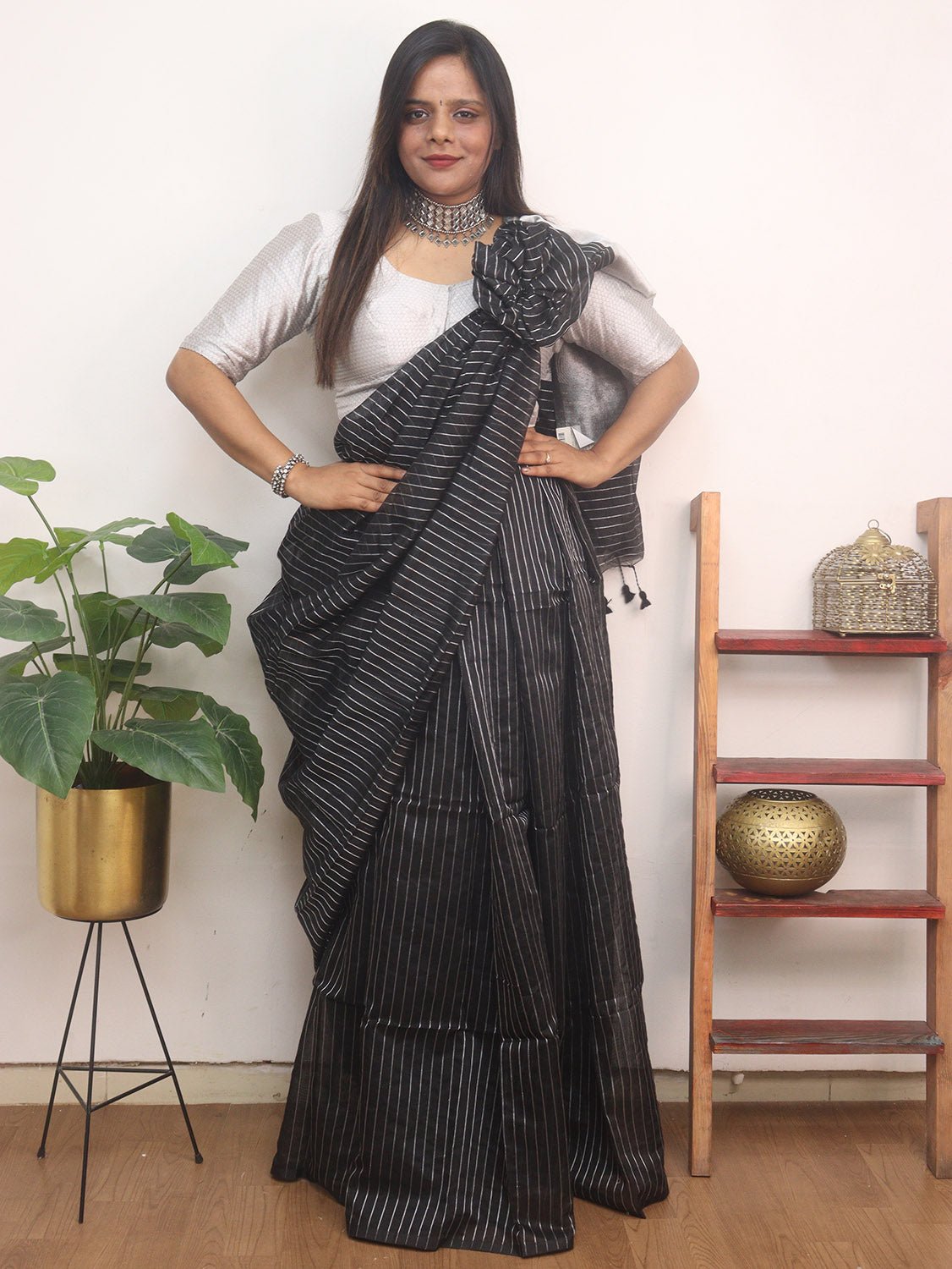 Elegant Black Handloom Bengal Tussar Cotton Silver Zari Stripe Design Saree - Luxurion World