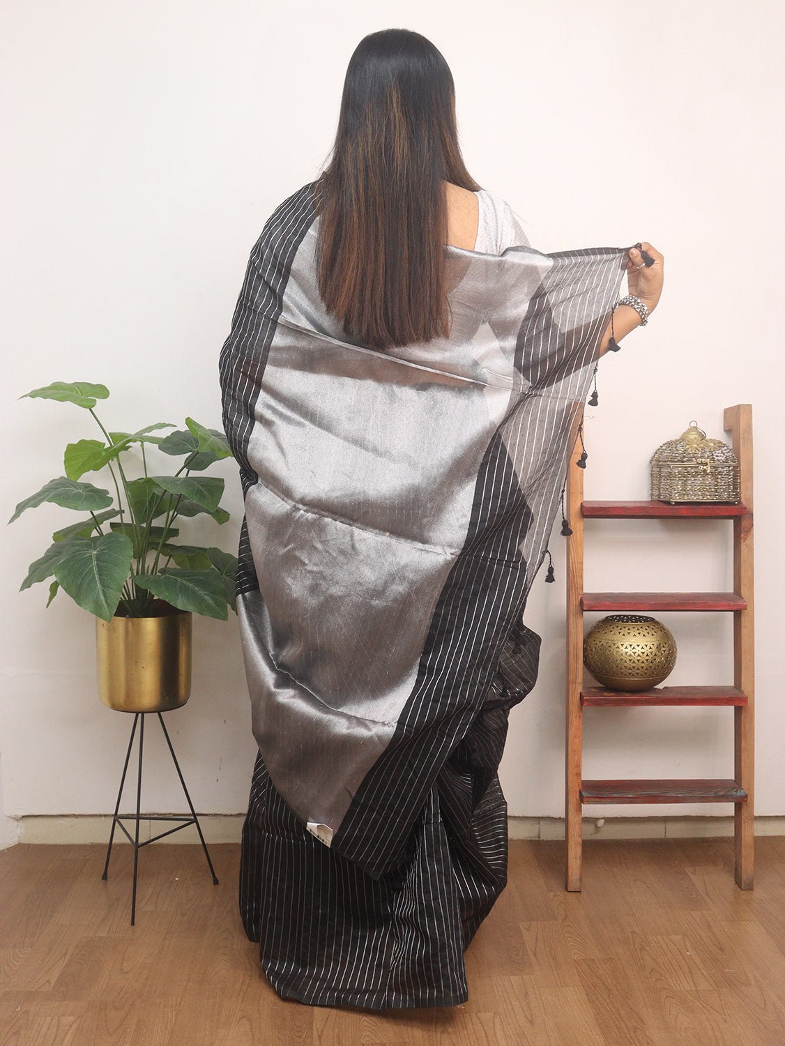 Elegant Black Handloom Bengal Tussar Cotton Silver Zari Stripe Design Saree - Luxurion World