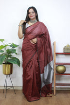 Elegant Maroon Handloom Bengal Tussar Cotton Silver Zari Stripe Design Saree - Luxurion World