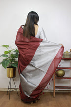 Elegant Maroon Handloom Bengal Tussar Cotton Silver Zari Stripe Design Saree - Luxurion World