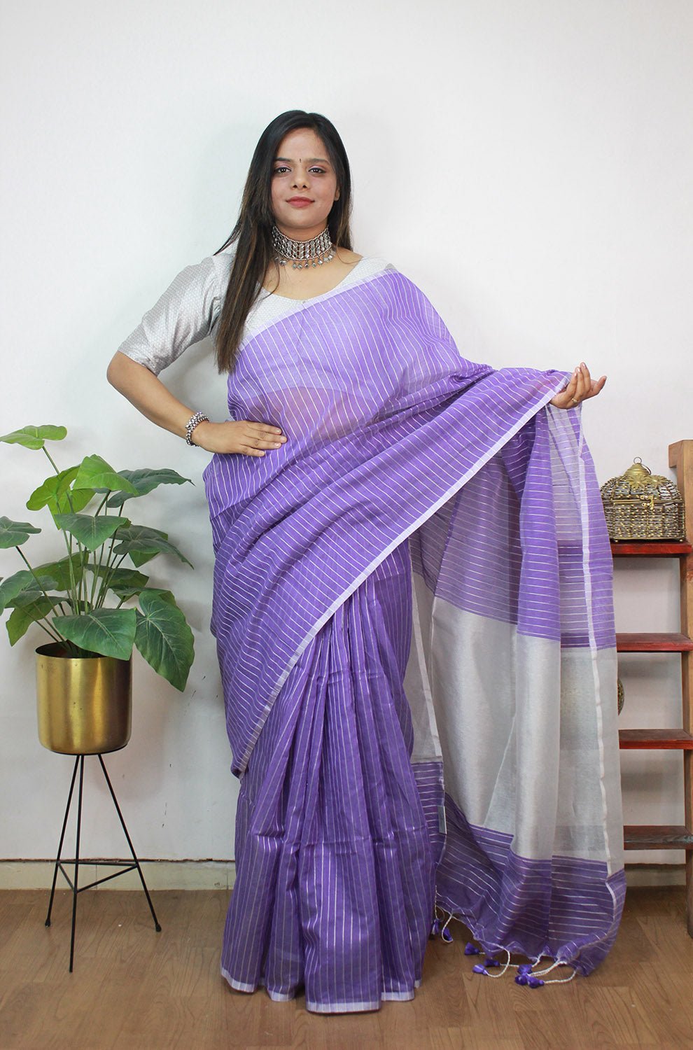 Purple Handloom Bengal Tussar Cotton Silver Zari Stripe Design Saree - Luxurion World