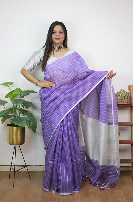 Purple Handloom Bengal Tussar Cotton Silver Zari Stripe Design Saree - Luxurion World