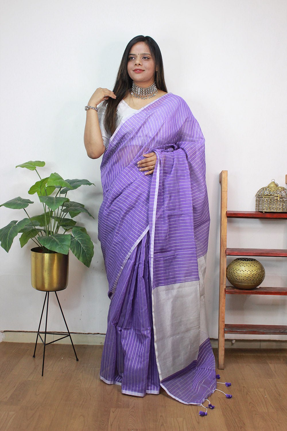 Purple Handloom Bengal Tussar Cotton Silver Zari Stripe Design Saree - Luxurion World