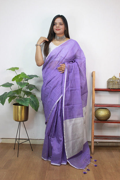Purple Handloom Bengal Tussar Cotton Silver Zari Stripe Design Saree - Luxurion World