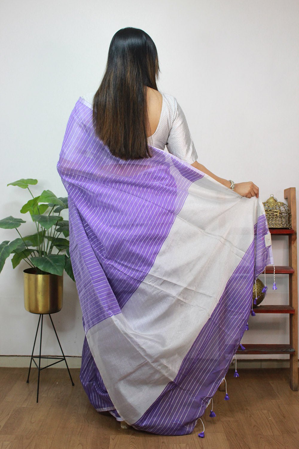 Purple Handloom Bengal Tussar Cotton Silver Zari Stripe Design Saree - Luxurion World