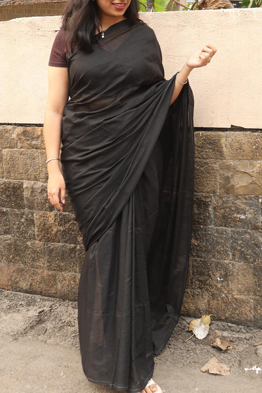 Black Handloom Plain Bengal Cotton Saree - Luxurion World