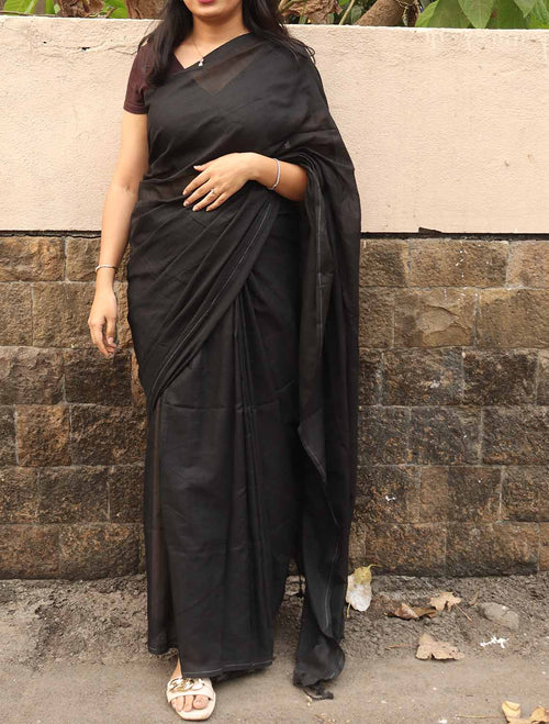 Black Handloom Plain Bengal Cotton Saree - Luxurion World