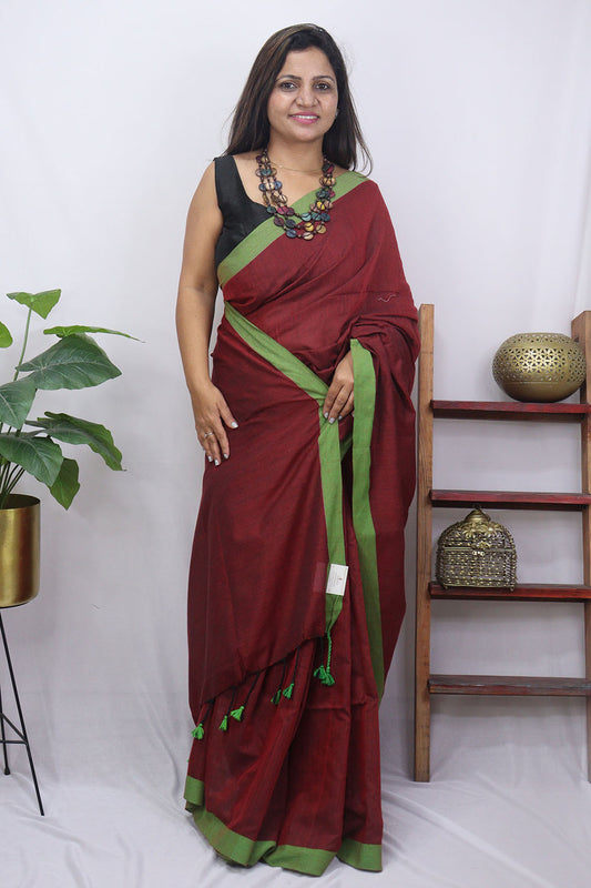 Maroon Bengal Plain Cotton Saree - Luxurion World