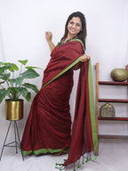 Maroon Bengal Plain Cotton Saree - Luxurion World
