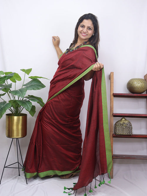 Maroon Bengal Plain Cotton Saree - Luxurion World