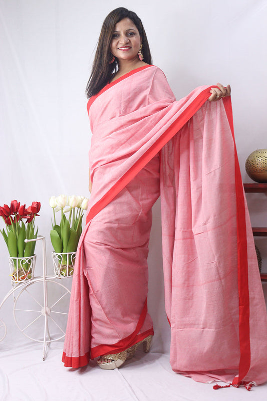 Pink Bengal Plain Cotton Saree - Elegant and Comfortable - Luxurion World