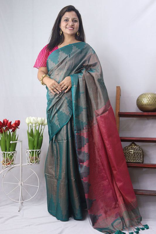 Stunning Blue Bengal Tissue Cotton Saree for Elegant Style - Luxurion World