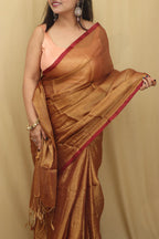 1 Min Ready To Wear - Golden Bengal Plain Tissue Cotton Saree - Luxurion World