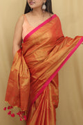 1 Min Ready To Wear - Golden Bengal Plain Tissue Cotton Saree - Luxurion World
