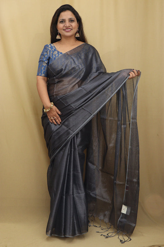 Elegant Grey Bengal Tissue Cotton Saree