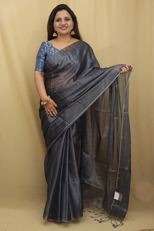 1 Min Ready To Wear - Grey Bengal Tissue Cotton Saree - Luxurion World