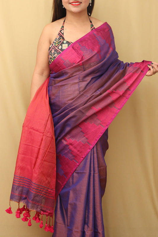 Elegant Purple Bengal Cotton Saree with Temple Border