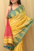 Yellow Bengal Plain Tissue Cotton Saree with Temple Border - Luxurion World