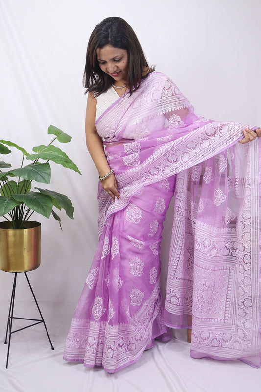 Purple Embroidered Chikankari Organza Silk Saree - Luxurion World