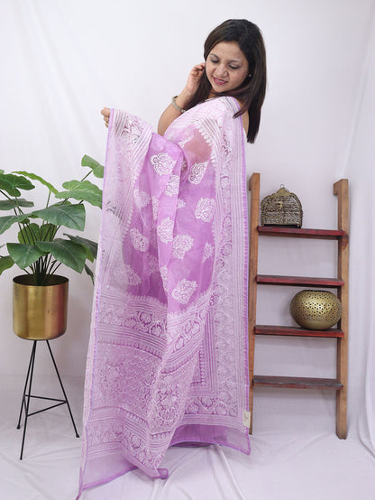 Purple Embroidered Chikankari Organza Silk Saree