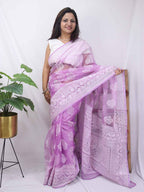 Purple Embroidered Chikankari Organza Silk Saree - Luxurion World