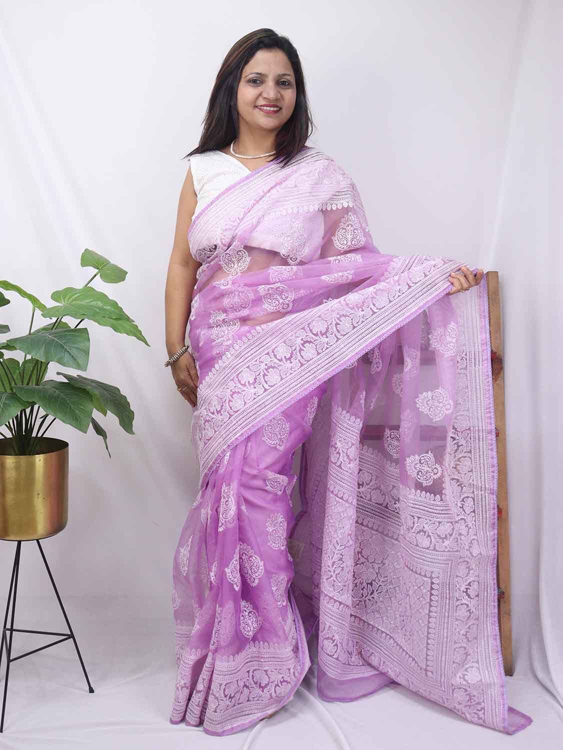 Purple Embroidered Chikankari Organza Silk Saree - Luxurion World
