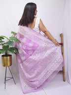 Purple Embroidered Chikankari Organza Silk Saree - Luxurion World