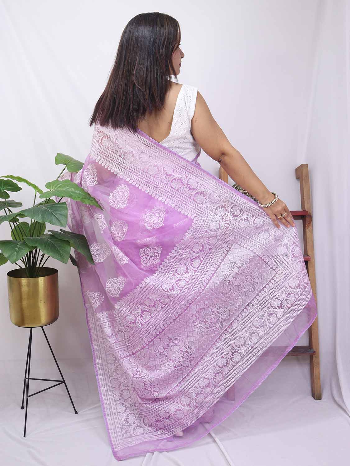 Purple Embroidered Chikankari Organza Silk Saree - Luxurion World
