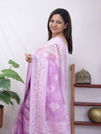 Purple Embroidered Chikankari Organza Silk Saree - Luxurion World