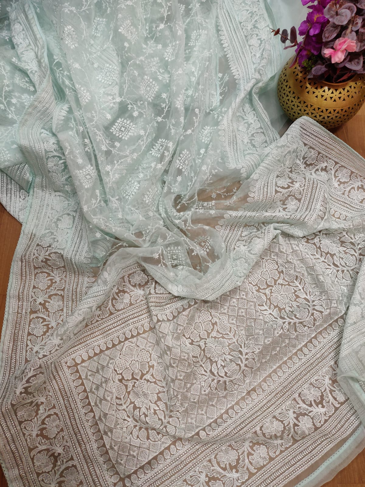 Blue Embroidered Chikankari Organza Silk Saree - Luxurion World
