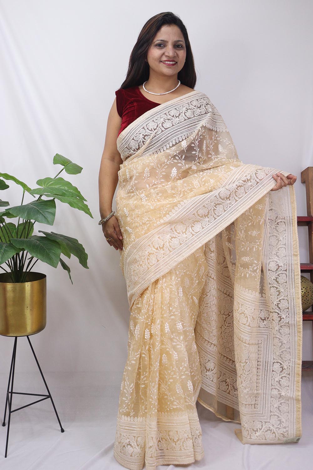 Cream Embroidered Chikankari Organza Silk Saree - Luxurion World