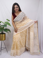 Cream Embroidered Chikankari Organza Silk Saree - Luxurion World