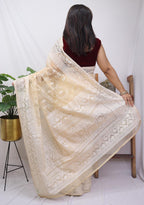 Cream Embroidered Chikankari Organza Silk Saree - Luxurion World