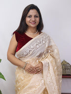 Cream Embroidered Chikankari Organza Silk Saree - Luxurion World