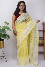 Yellow Embroidered Chikankari Organza Silk Saree - Luxurion World