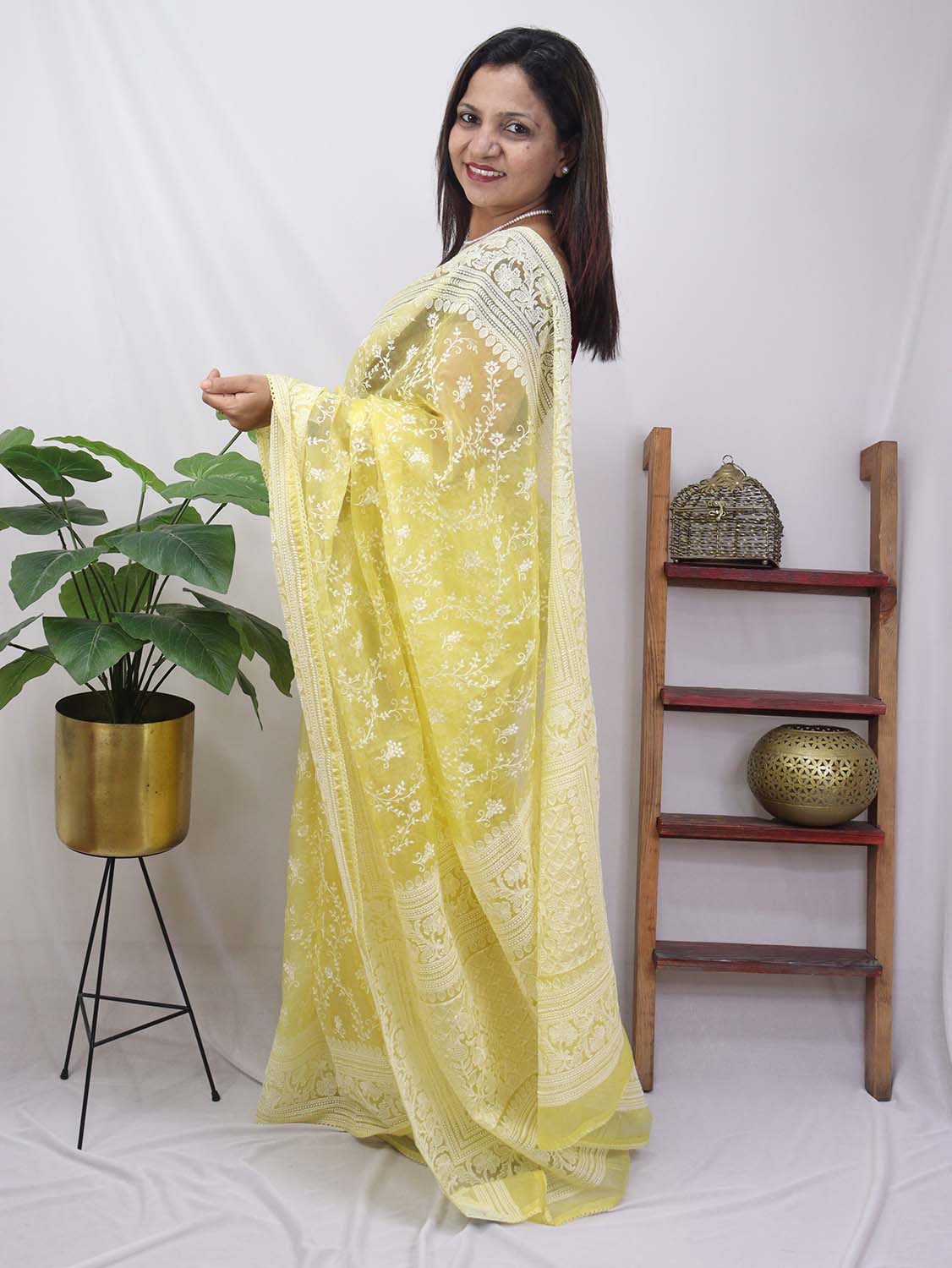 Yellow Embroidered Chikankari Organza Silk Saree - Luxurion World