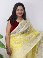 Yellow Embroidered Chikankari Organza Silk Saree - Luxurion World