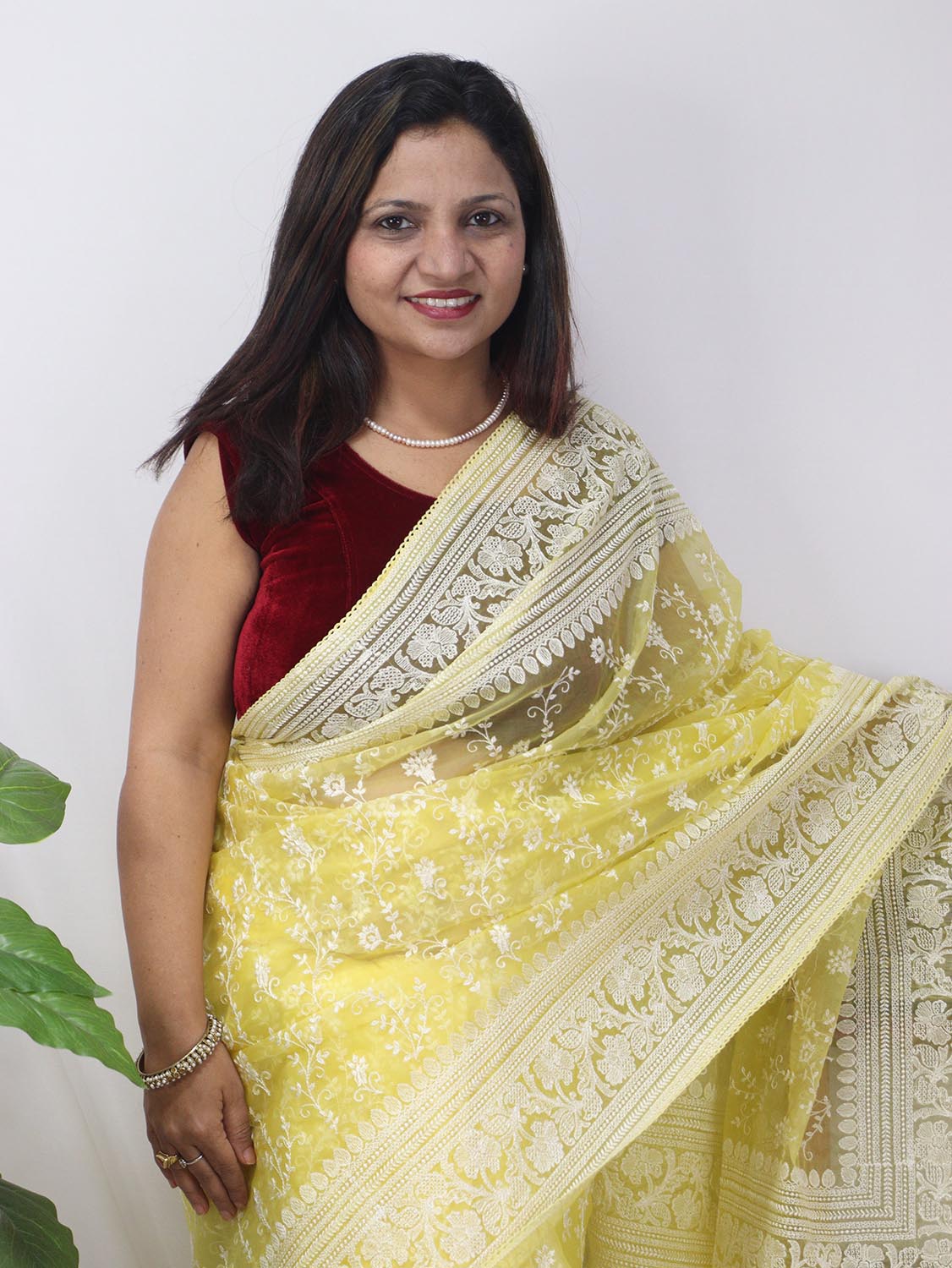 Yellow Embroidered Chikankari Organza Silk Saree - Luxurion World