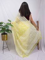 Yellow Embroidered Chikankari Organza Silk Saree - Luxurion World
