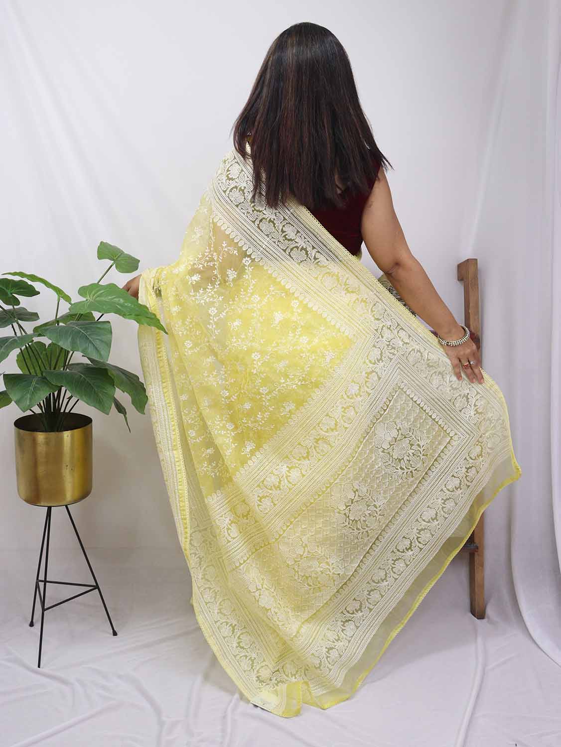 Yellow Embroidered Chikankari Organza Silk Saree - Luxurion World