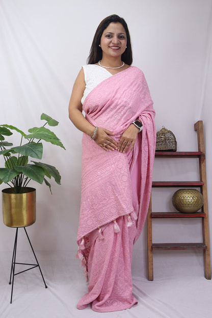 Pink Embroidered Chikankari Georgette Saree