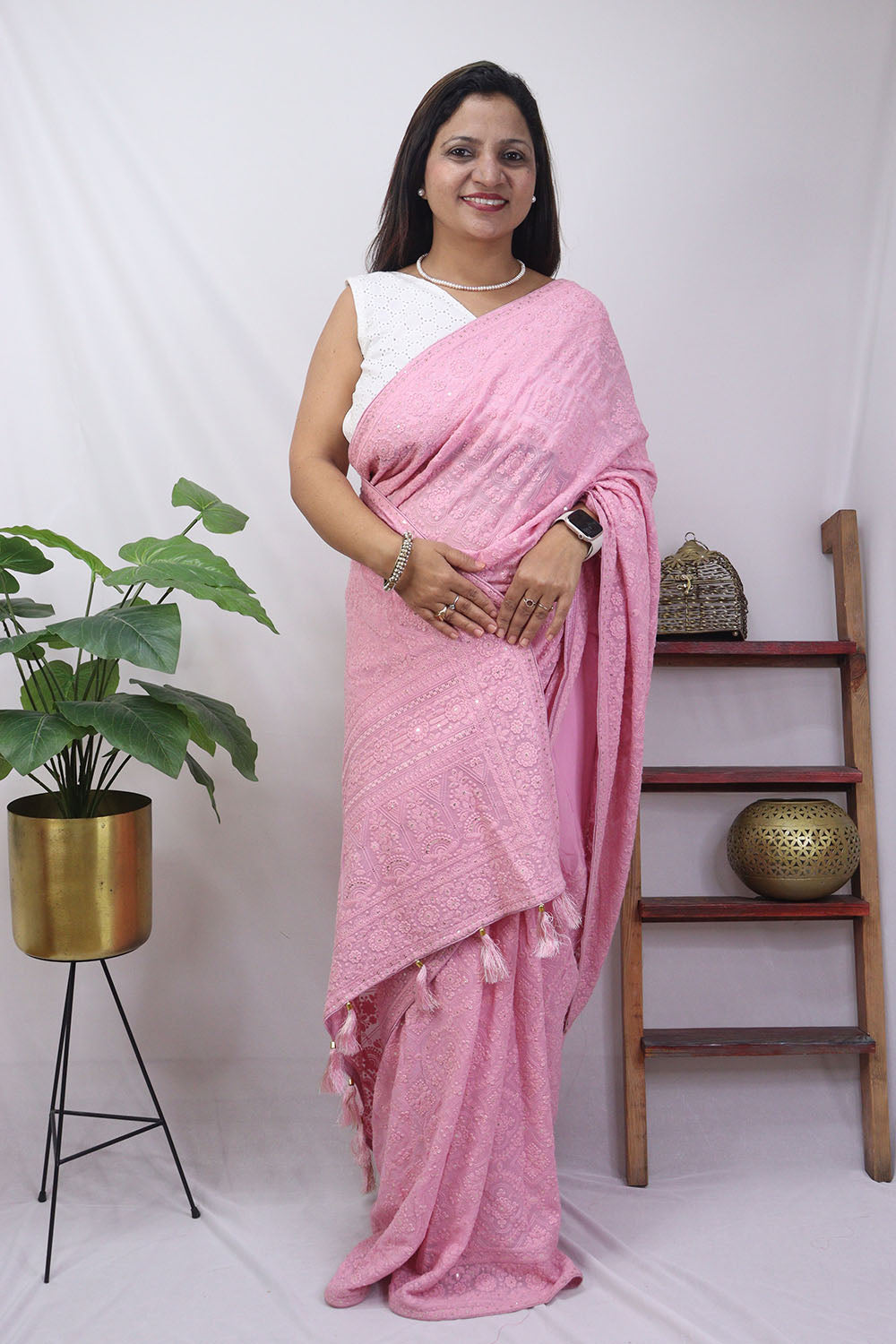 Pink Embroidered Chikankari Georgette Saree - Luxurion World